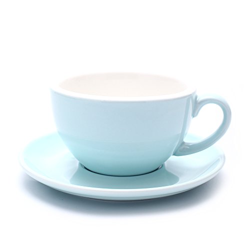 Coffeezone Latte Art Cup and Saucer for Latte & Cappuccino, Great Cup Shape for Coffee Shop and Barista, Ceramic (Glossy Light Blue, 10.5 oz)