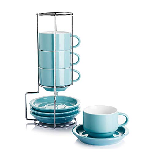 Sweese 2.5 Ounce Porcelain Stackable Espresso Cups with Saucers and Metal Stand Set of 4, Turquoise
